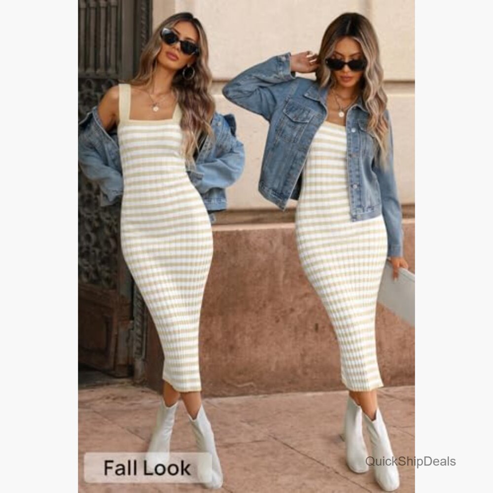 Sleeveless Ribbed Knit Midi Dress Bodycon Striped Backless Square Neck - Picture 2 of 7